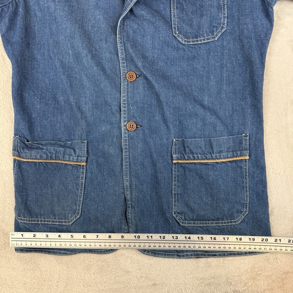 Outlooks Blue 70s Vtg Denim Jacket Womens Sz L Elbow Patches Tailored Buckle USA - Picture 10 of 13